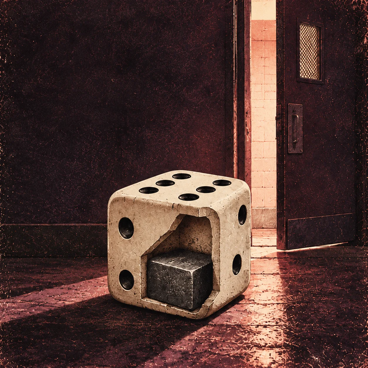 A cracked ivory die with a dark weight inside, beside a partly open door casting warm light across a copper-black floor.