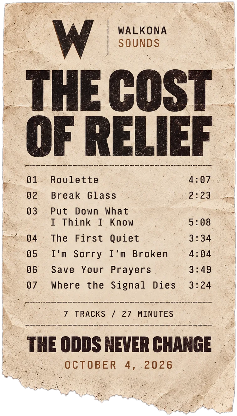 The tracklist printed as a torn receipt headed The Cost of Relief: 01 Roulette 4:07, 02 Break Glass 2:23, 03 Put Down What I Think I Know 5:08, 04 The First Quiet 3:34, 05 I'm Sorry I'm Broken 4:04, 06 Save Your Prayers 3:49, 07 Where the Signal Dies 3:24. 7 tracks, 27 minutes. The Odds Never Change, October 4, 2026.